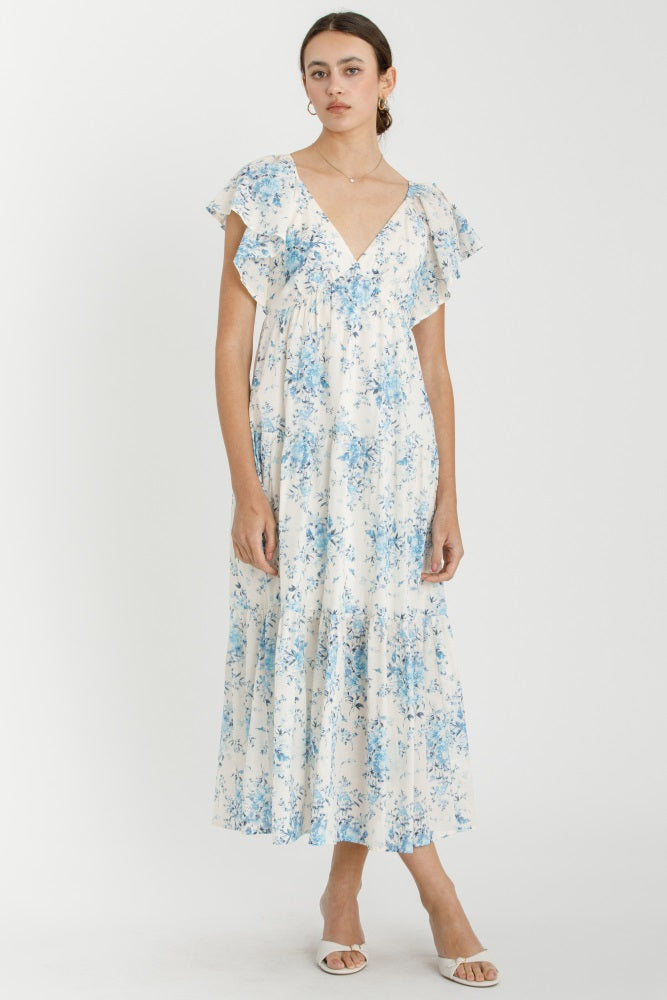 Light Blue Floral Flutter Sleeve Tiered Maternity Maxi Dress