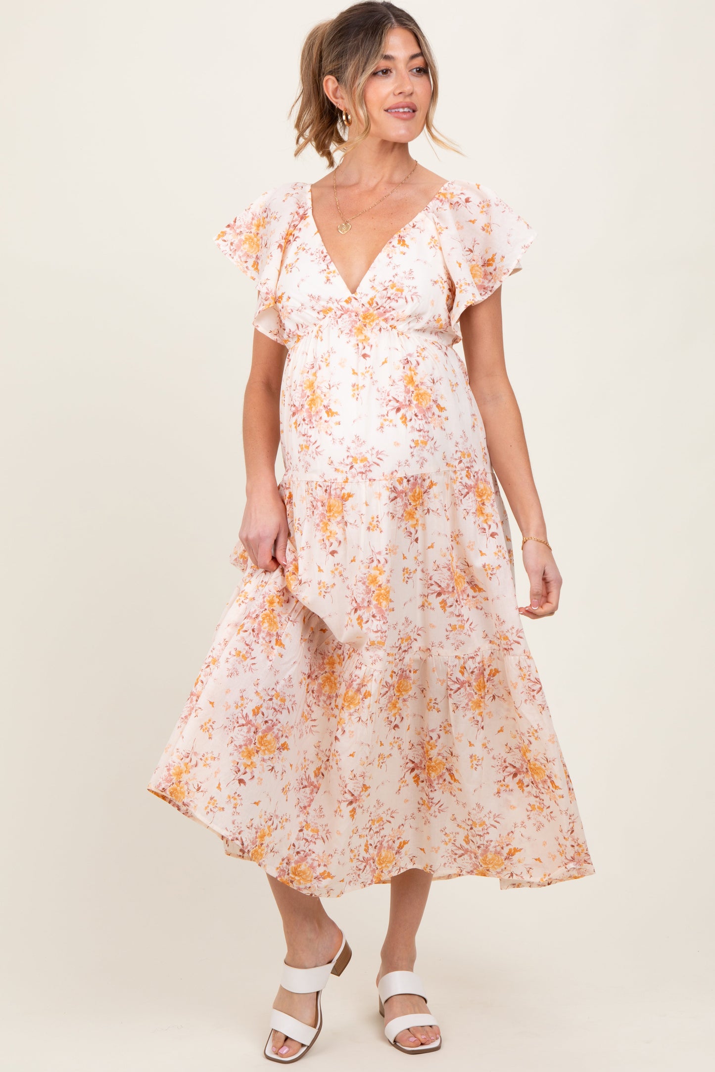 Peach Floral Flutter Sleeve Tiered Maternity Maxi Dress