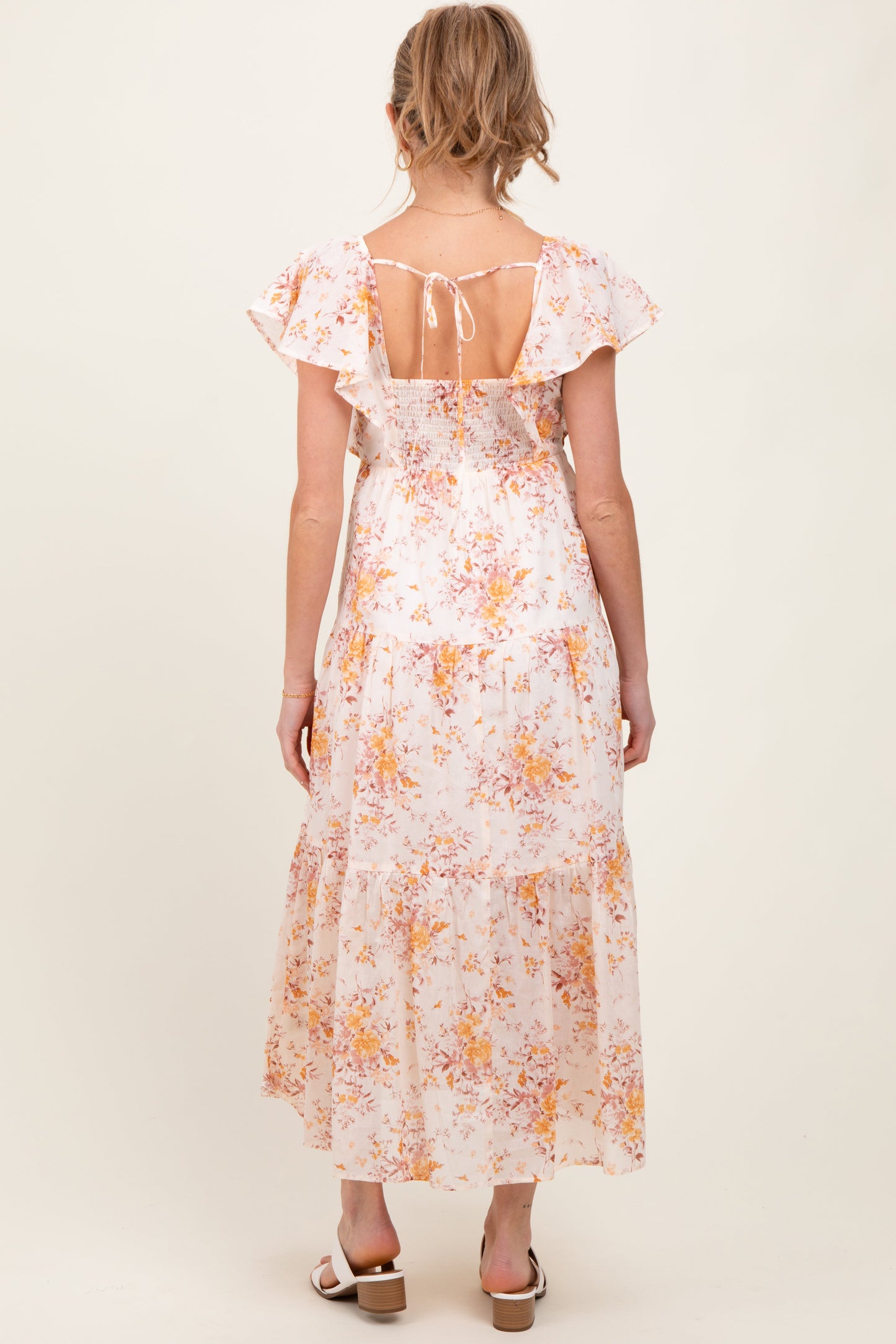 Peach Floral Flutter Sleeve Tiered Maternity Maxi Dress