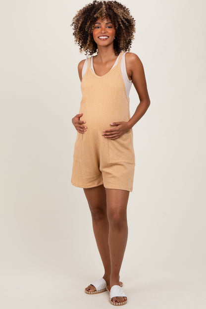 Gold Solid Ribbed V-Neck Sleeveless Front Pocket Maternity Romper