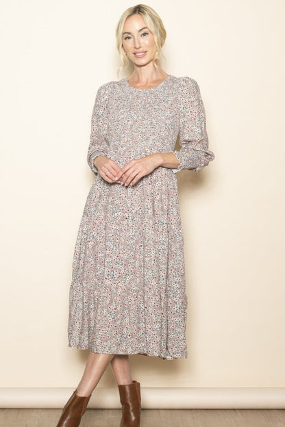 Taupe Floral Smocked Bubble Sleeve Maternity Midi Dress