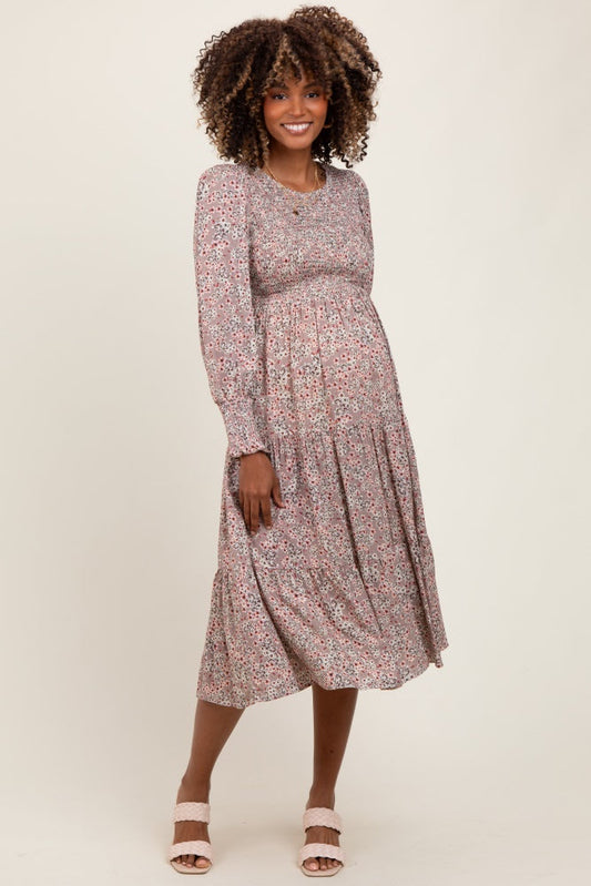 Taupe Floral Smocked Bubble Sleeve Maternity Midi Dress