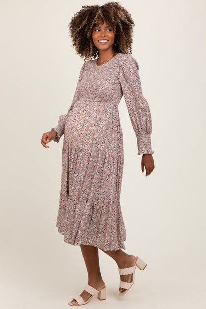 Taupe Floral Smocked Bubble Sleeve Maternity Midi Dress