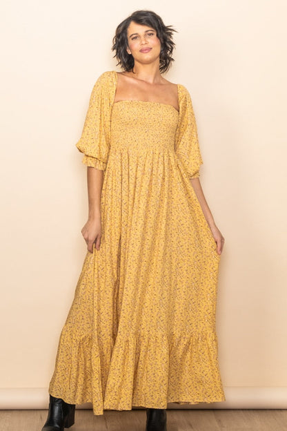 Yellow Floral Smocked Off Shoulder Maternity Maxi Dress