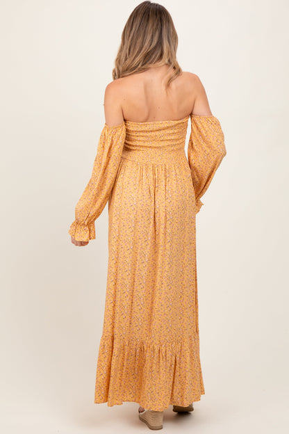 Yellow Floral Smocked Off Shoulder Maternity Maxi Dress