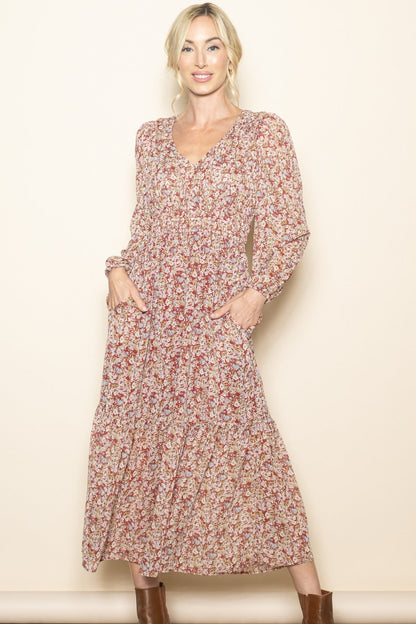 Burgundy Floral Smocked Waist Maternity Maxi Dress
