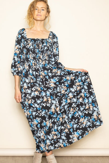 Black Floral Smocked Front Tie Maternity Maxi Dress