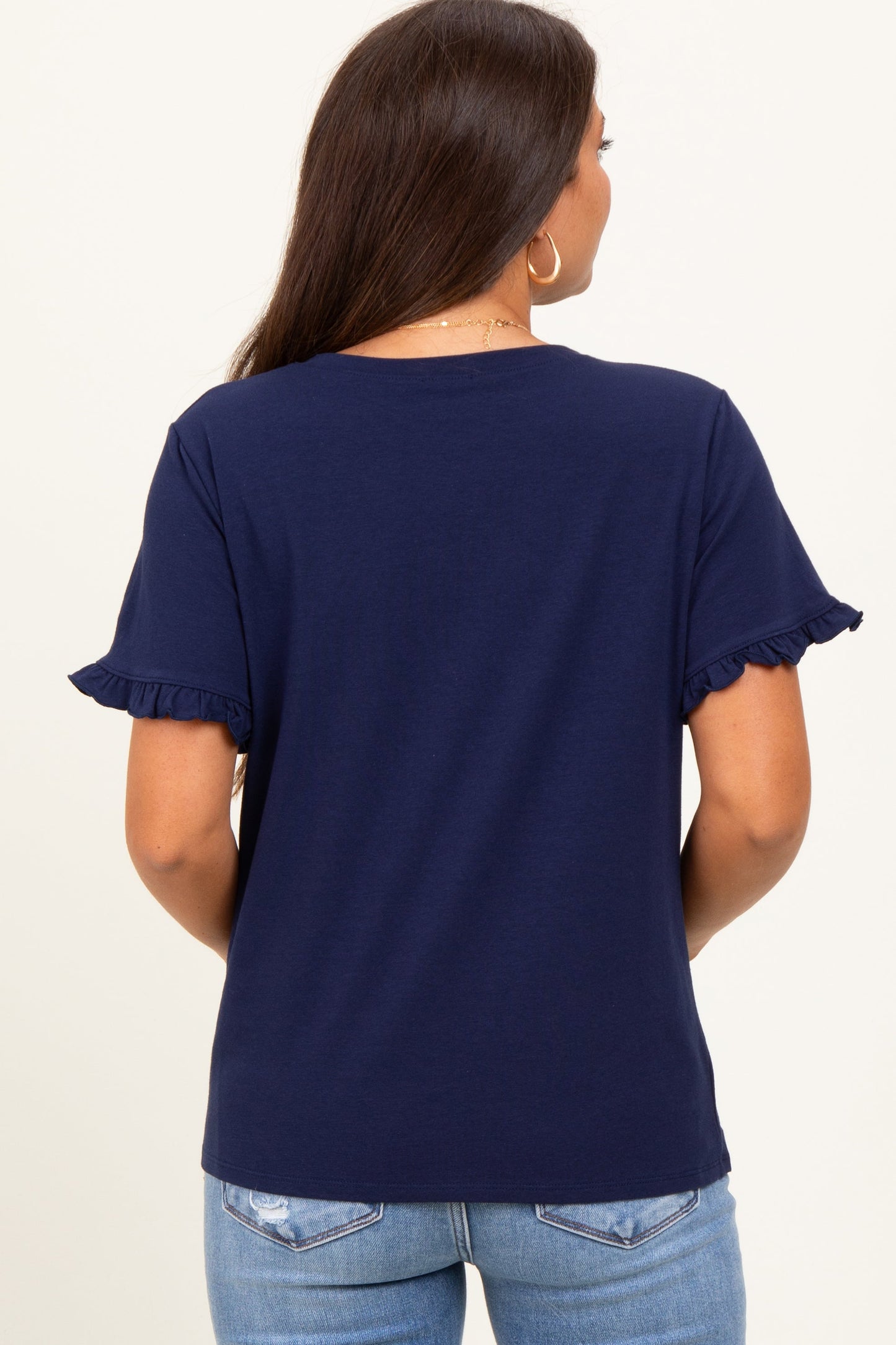 Navy Ruffle Trim Short Sleeve Maternity T-Shirt