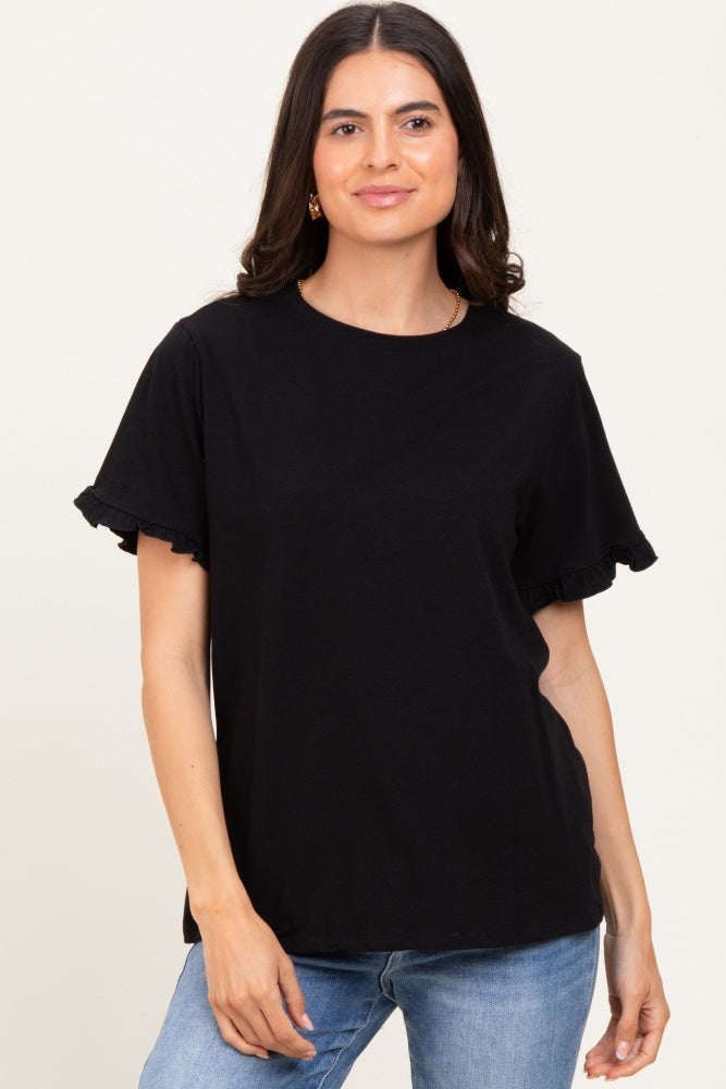 Black Ruffle Trim Short Sleeve Maternity T-Shirt
