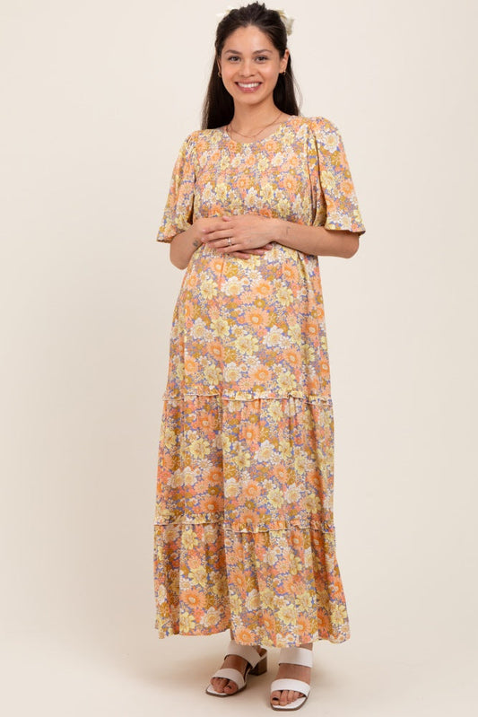 Peach Floral Smocked Ruffle Tier Maternity Maxi Dress