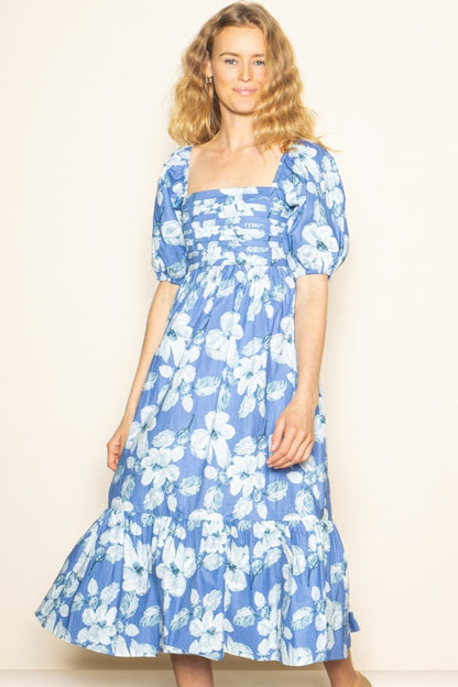 Blue Floral Pleated Bodice Maternity Midi Dress