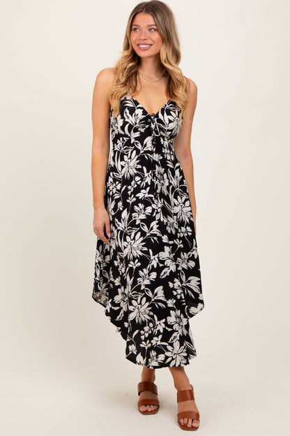 Black Tropical Floral Front Cinch Tie Maternity Midi Dress