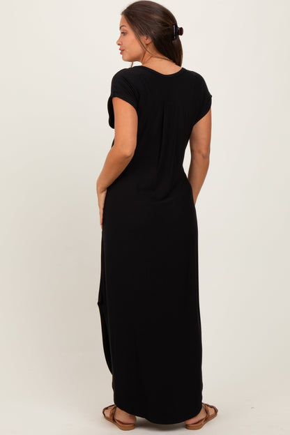 Black Round Hem Side Slit Maternity Maxi Dress