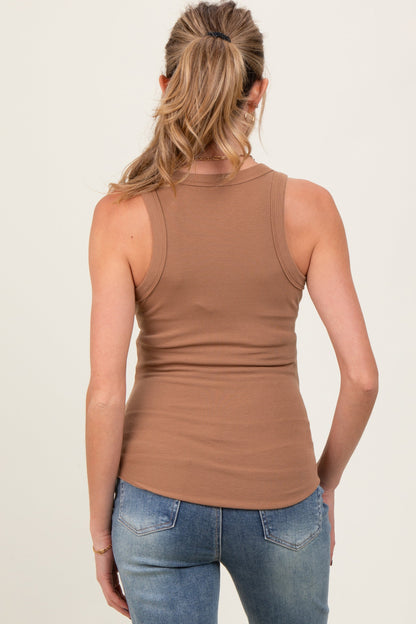 Camel Ribbed Basic Crew Neck Maternity Tank