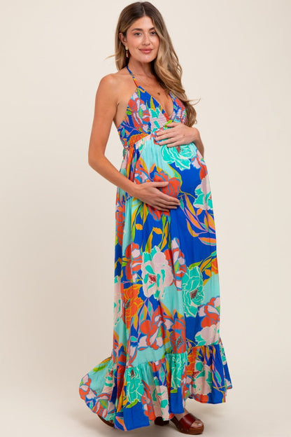 Royal Blue Floral Halter Cutout Tie Back Maternity Maxi Dress