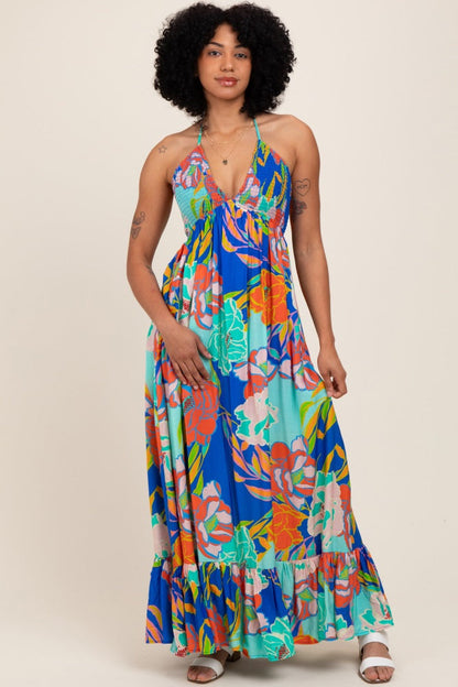 Royal Blue Floral Halter Cutout Tie Back Maternity Maxi Dress