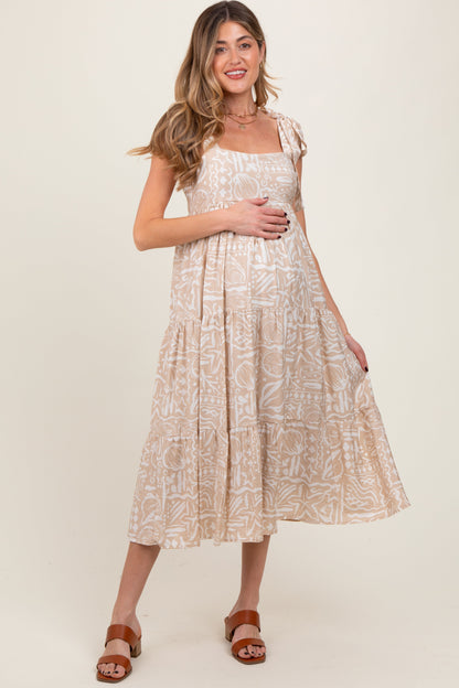 Beige Printed Tie Strap Tiered Maternity Midi Dress