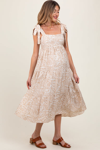 Beige Printed Tie Strap Tiered Maternity Midi Dress