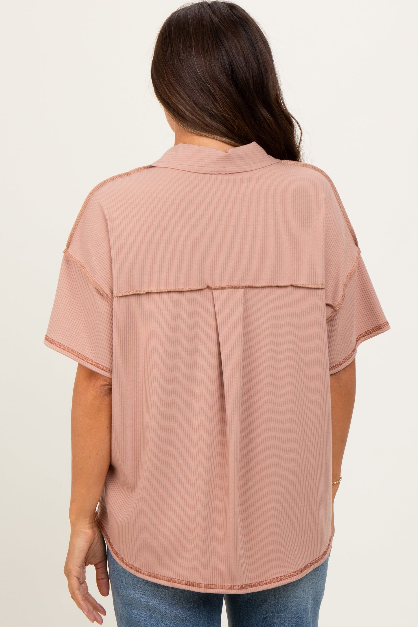Beige Solid Ribbed Collar V-Neck Maternity Tunic Top