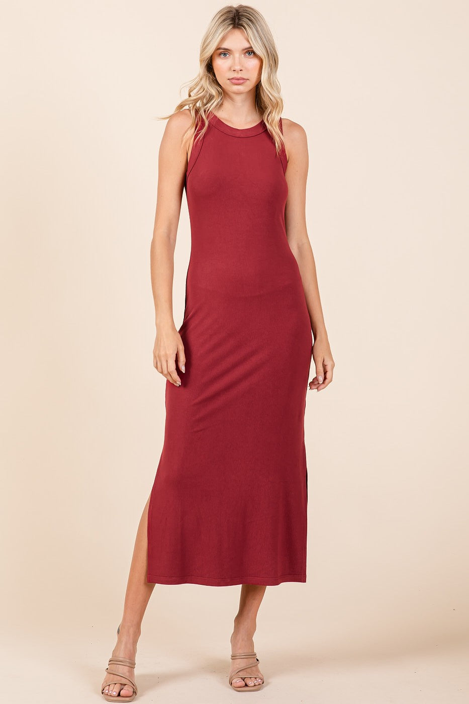 Burgundy Ribbed Maternity Side Slit Tank Dress