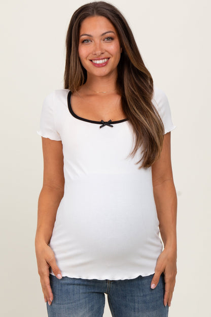 White Ribbed Short Sleeve Maternity Top