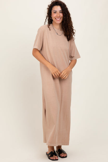 Taupe Short Sleeve Knit T-Shirt Maternity Maxi Dress