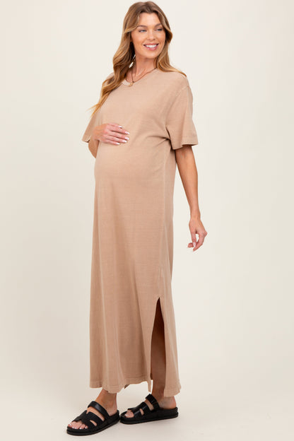 Taupe Short Sleeve Knit T-Shirt Maternity Maxi Dress