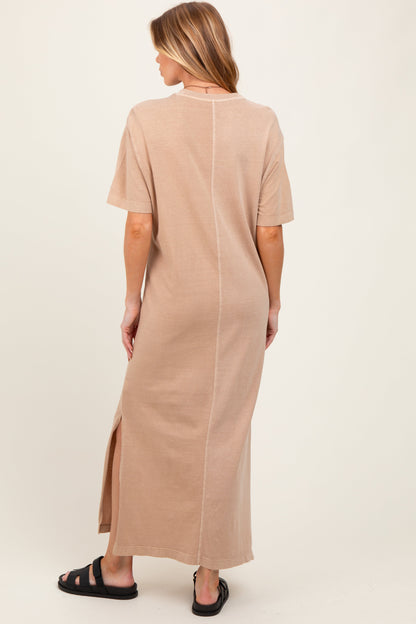 Taupe Short Sleeve Knit T-Shirt Maternity Maxi Dress