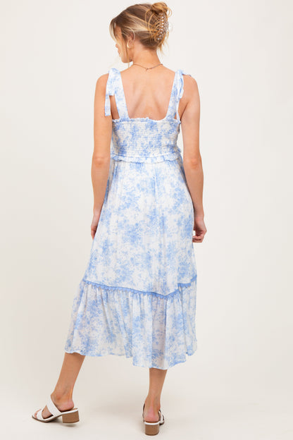 Light Blue Floral Smocked Shoulder Tie Maternity Midi Dress