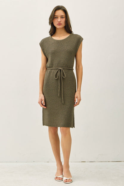 Olive Waffle Knit Sash Tie Short Sleeve Maternity Dress