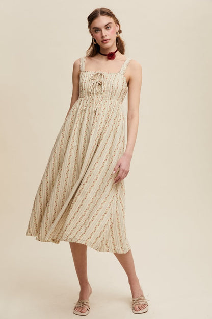 Light Olive Floral Embroidered Striped Maternity Midi Dress
