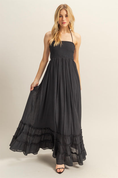 Black Halter Neck Smocked Tiered Hem Maternity Maxi Dress