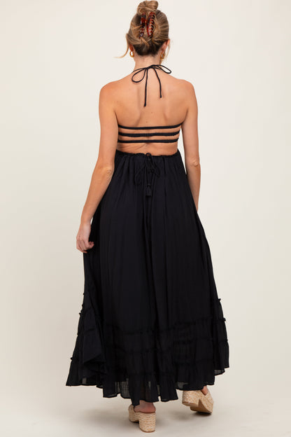 Black Halter Neck Smocked Tiered Hem Maternity Maxi Dress