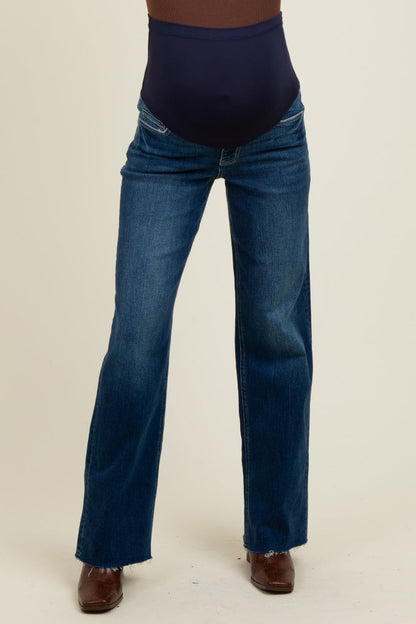 Navy Raw Hem Slim Wide Leg Maternity Jeans