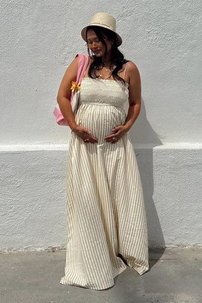 Beige Striped Sleeveless Smocked Poplin Maternity Maxi Dress