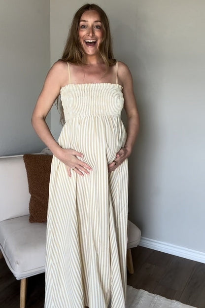 Beige Striped Sleeveless Smocked Poplin Maternity Maxi Dress