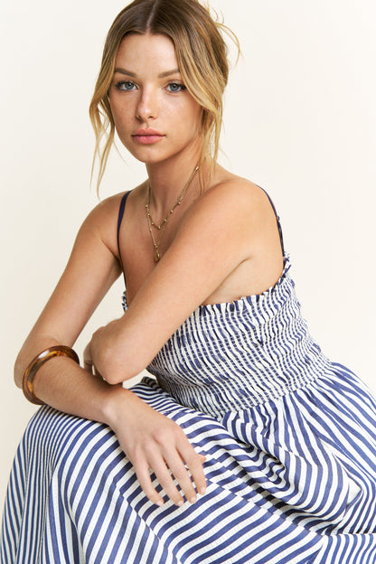 Navy Striped Sleeveless Smocked Poplin Maternity Maxi Dress