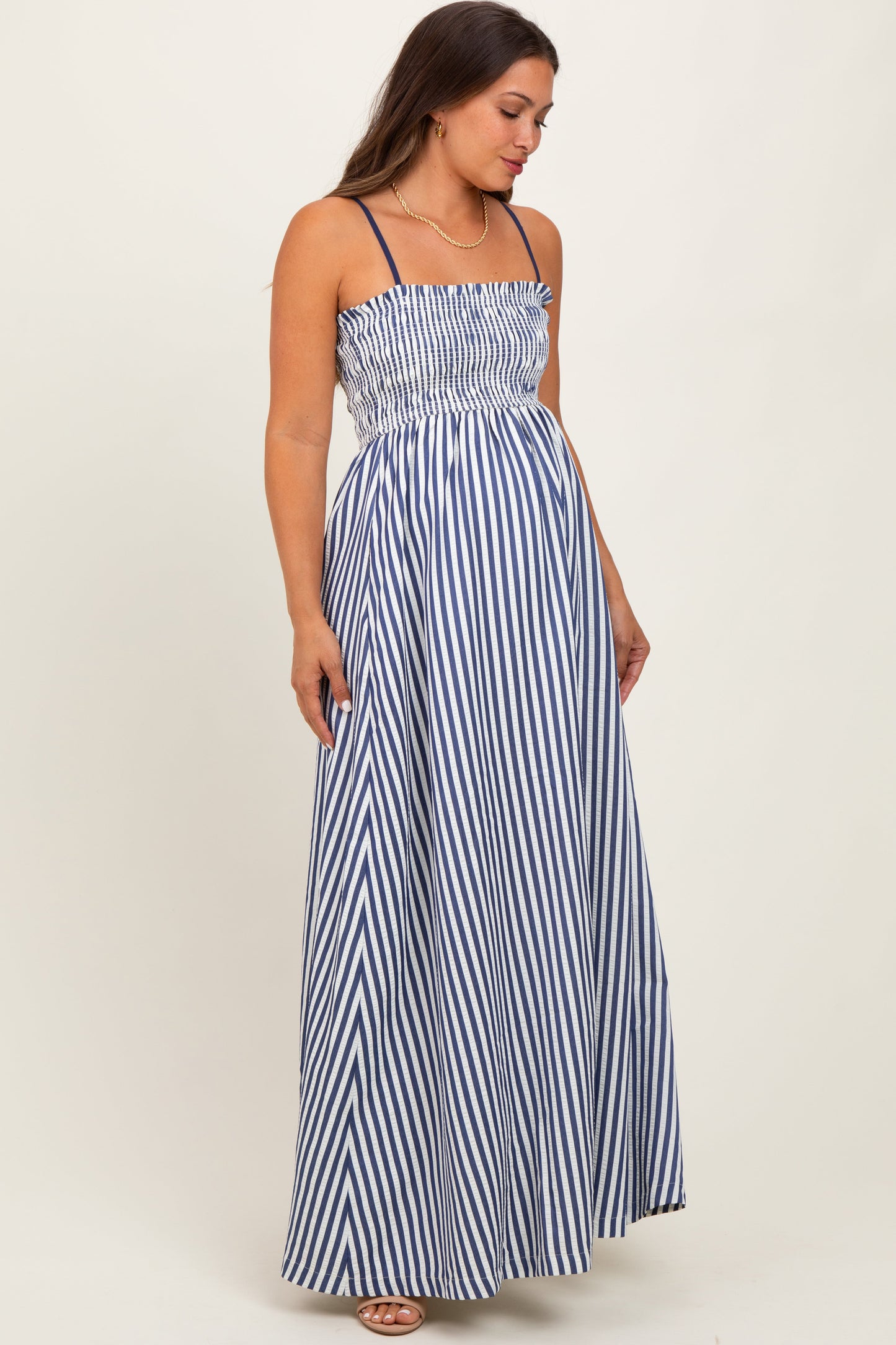 Navy Striped Sleeveless Smocked Poplin Maternity Maxi Dress