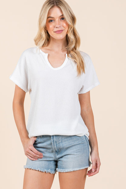 White Ribbed Notched Neckline Maternity Top