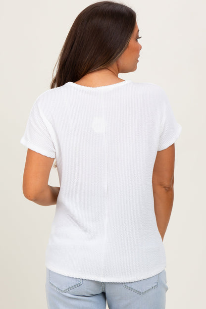 White Ribbed Notched Neckline Maternity Top