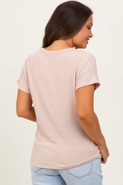 Beige Ribbed Notched Neckline Maternity Top