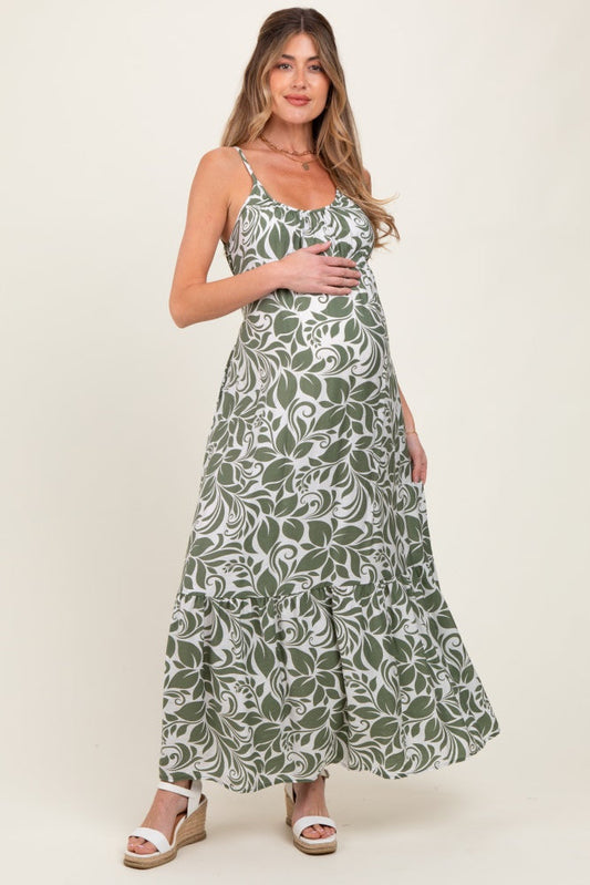 Olive Floral Waist Tie Maternity Maxi Dress