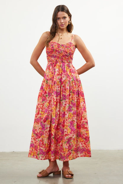 Coral Floral Textured Smocked Maternity Maxi Dress