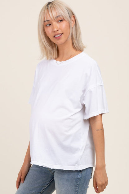 White Boxy Raw Edge Maternity Short Sleeve Tee