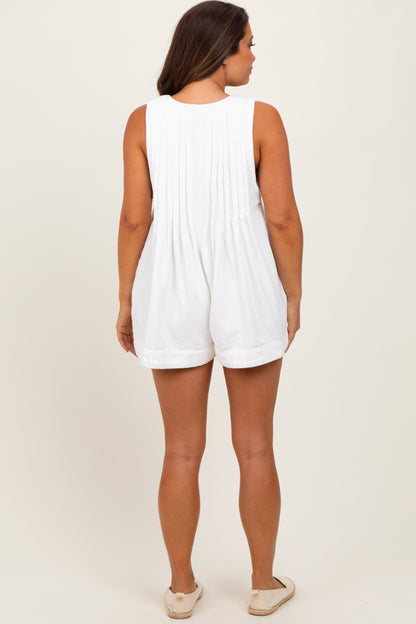 Cream Deep V-Neck Pleated Front Tie Sleeveless Maternity Romper