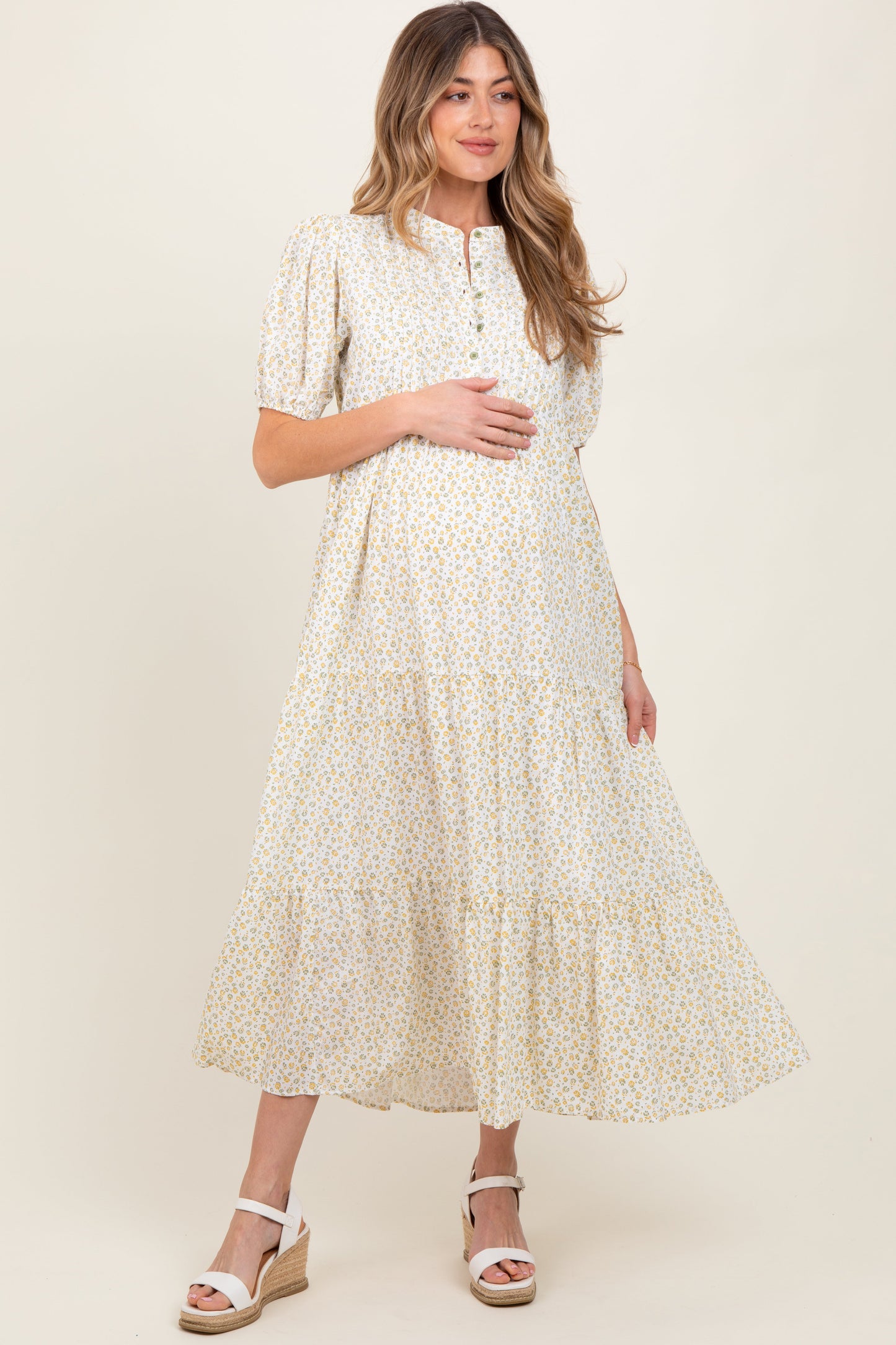 Green Iris Floral Button Maternity Maxi Dress