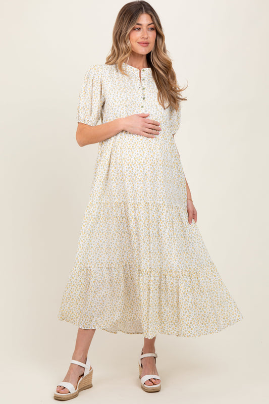 Green Iris Floral Button Maternity Maxi Dress