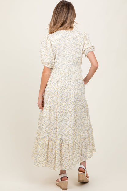 Green Iris Floral Button Maternity Maxi Dress