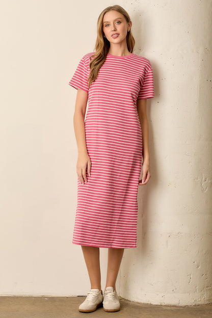 Pink Striped Short Sleeve Maternity T-Shirt Midi Dress