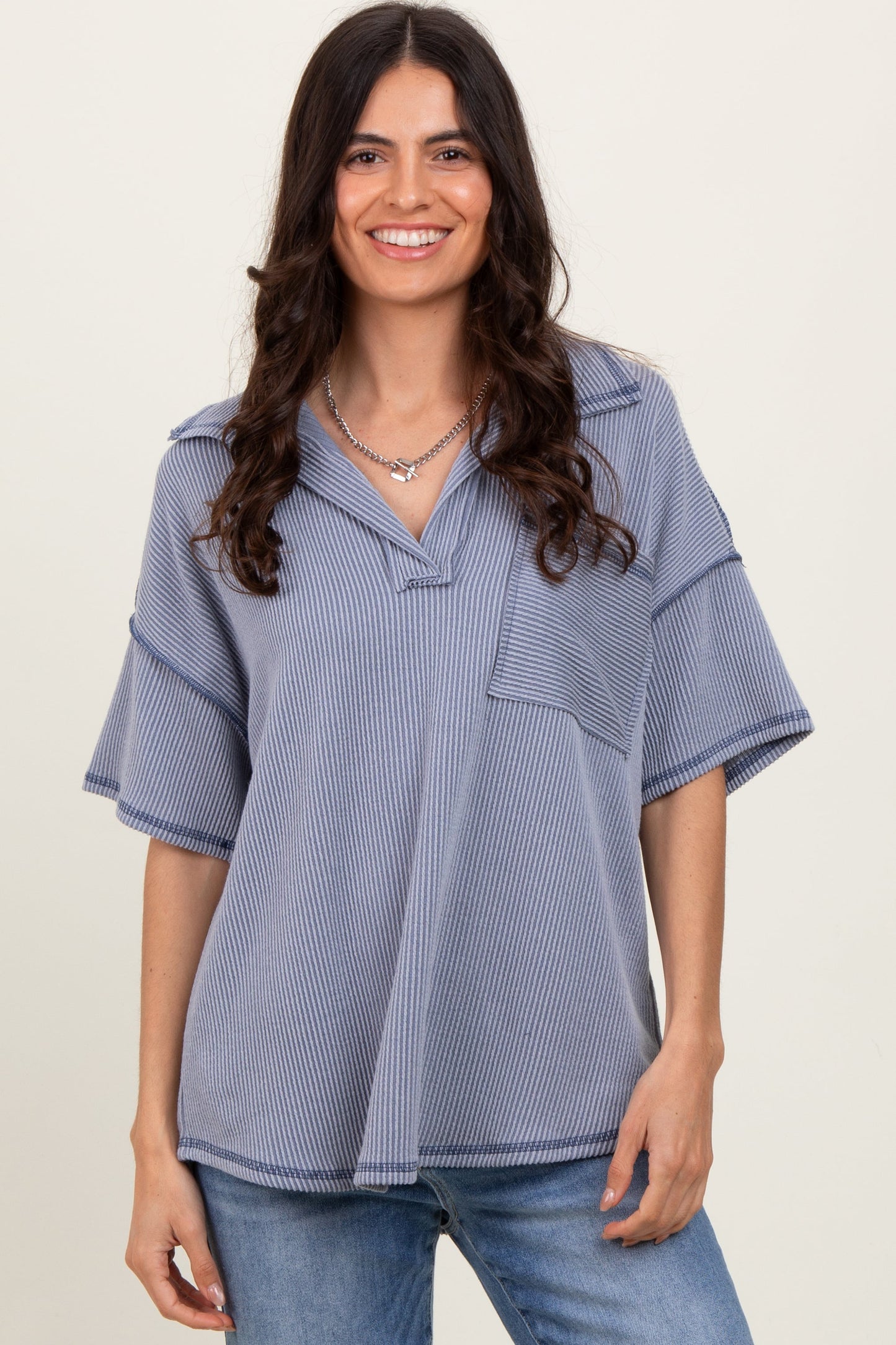Gray Ribbed Reverse Stitch Maternity Tunic Top